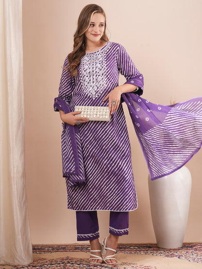 Leheriya Printed & Floral Embroidered Straight Fit Kurta with Pant & Dupatta - Purple