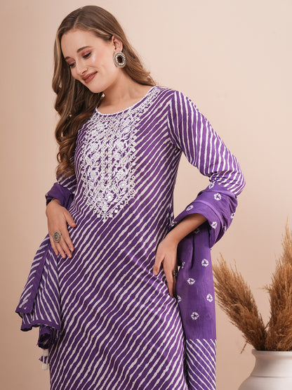 Leheriya Printed & Floral Embroidered Straight Fit Kurta with Pant & Dupatta - Purple