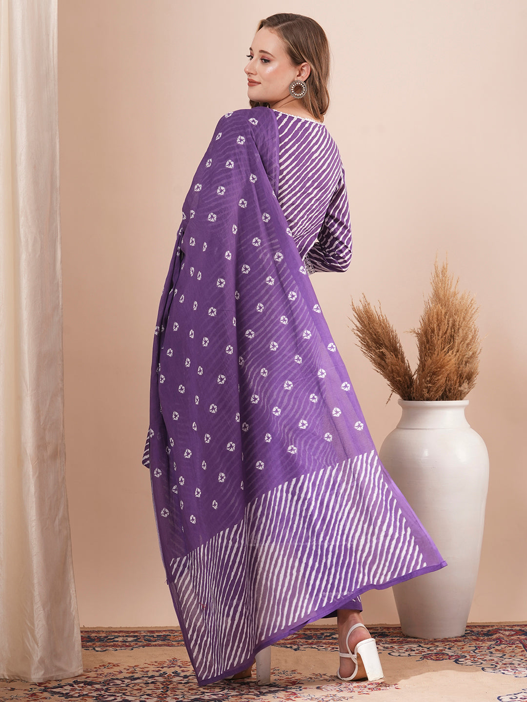 Leheriya Printed & Floral Embroidered Straight Fit Kurta with Pant & Dupatta - Purple