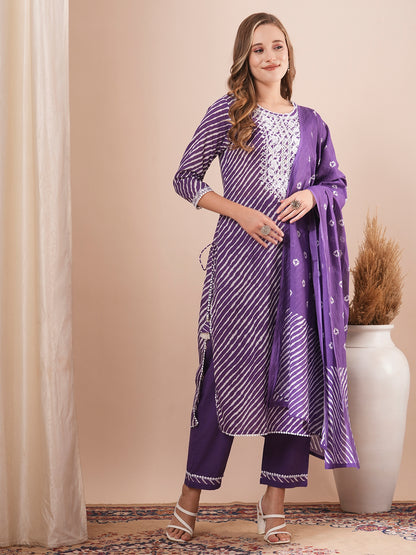 Leheriya Printed & Floral Embroidered Straight Fit Kurta with Pant & Dupatta - Purple