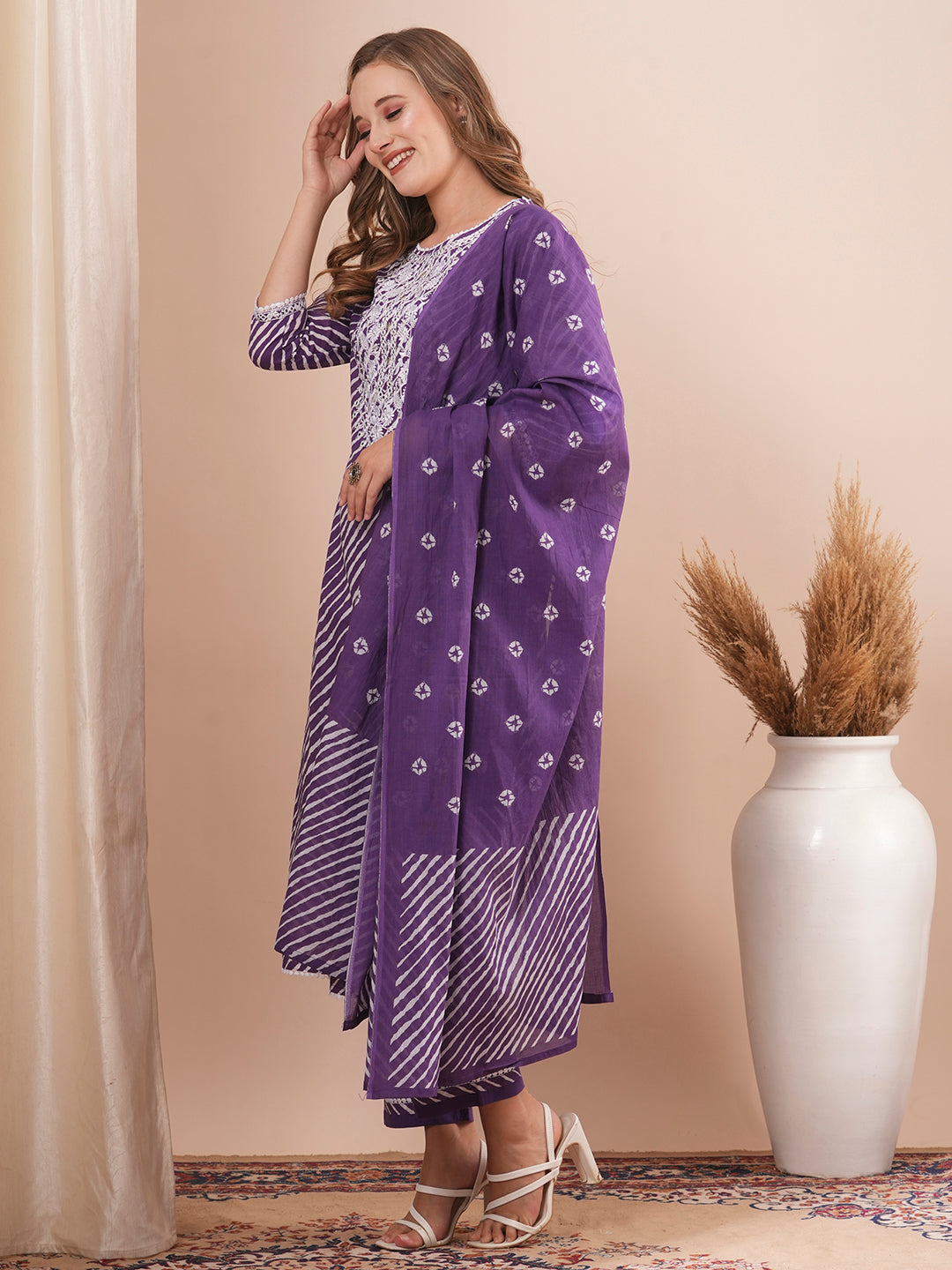 Leheriya Printed & Floral Embroidered Straight Fit Kurta with Pant & Dupatta - Purple