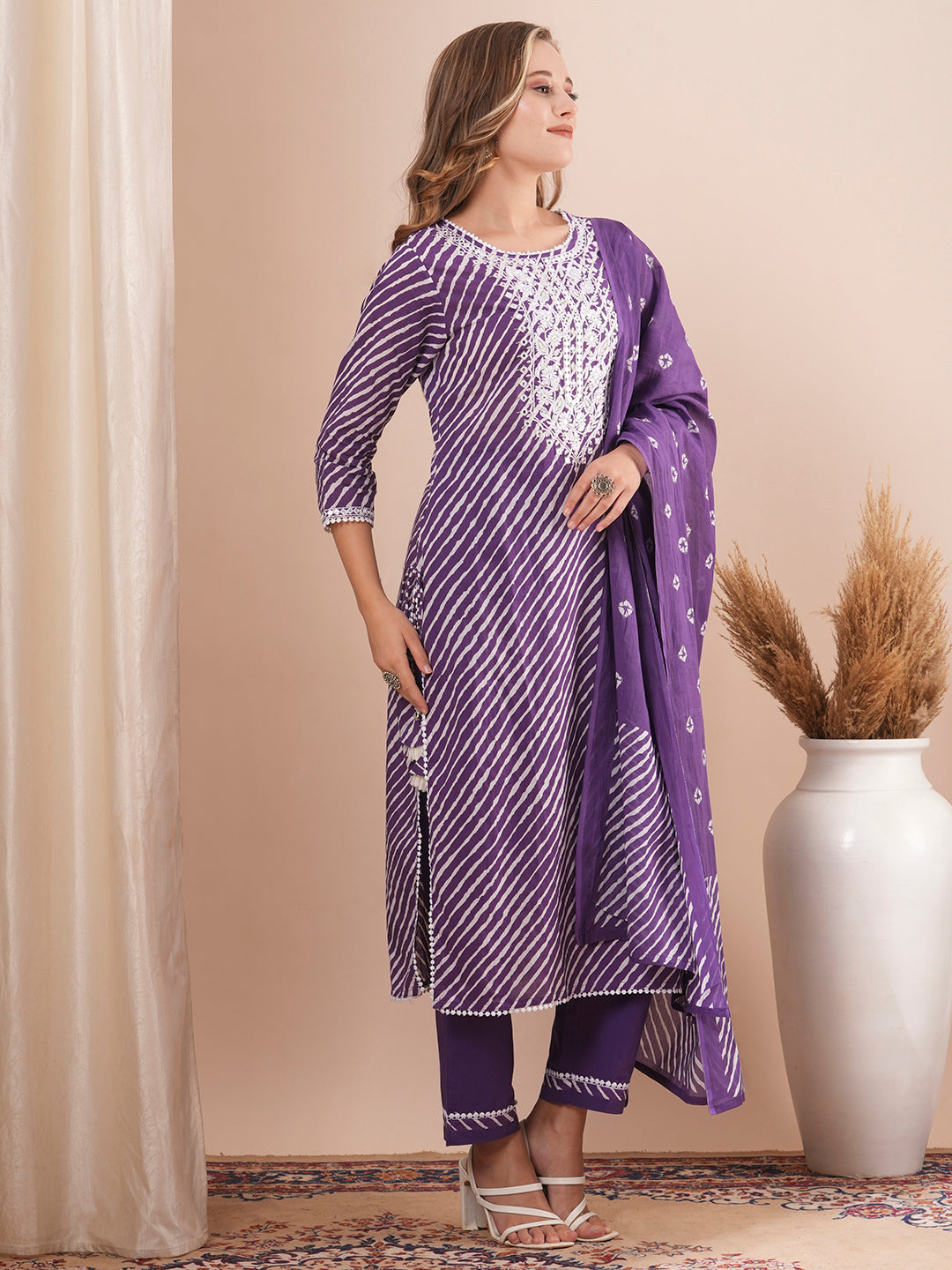 Leheriya Printed & Floral Embroidered Straight Fit Kurta with Pant & Dupatta - Purple