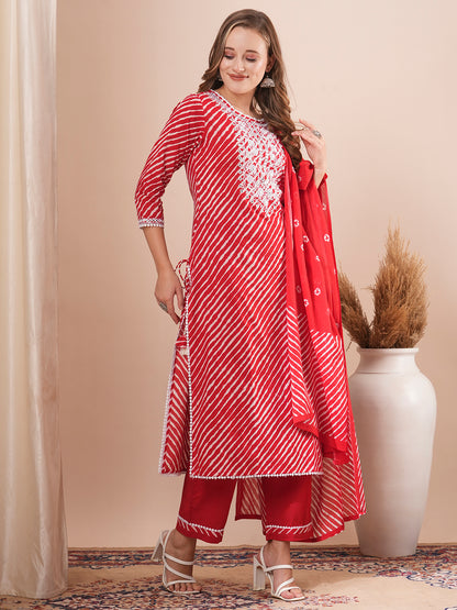 Leheriya Printed & Floral Embroidered Straight Fit Kurta with Pant & Dupatta - Red