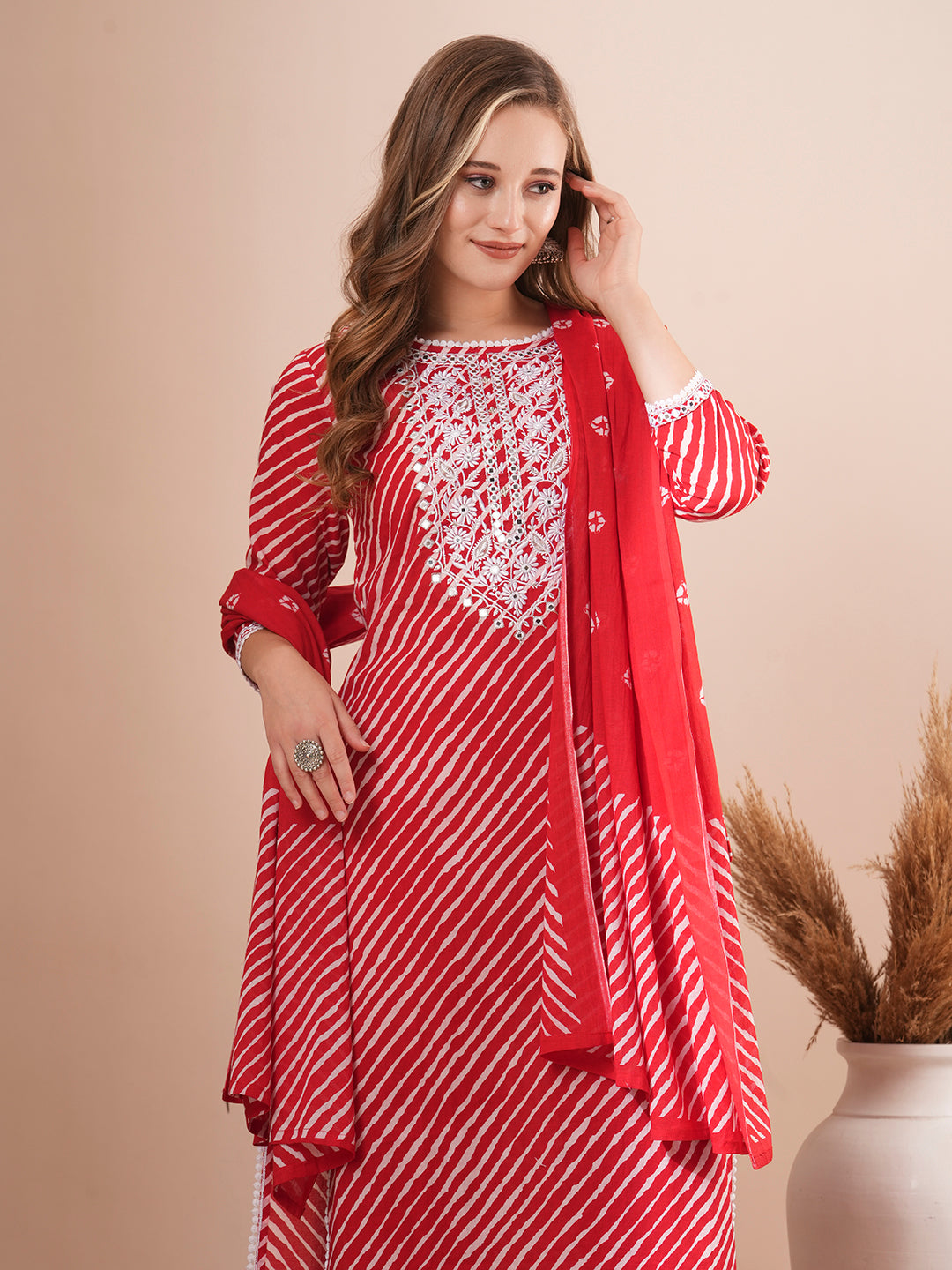 Leheriya Printed & Floral Embroidered Straight Fit Kurta with Pant & Dupatta - Red