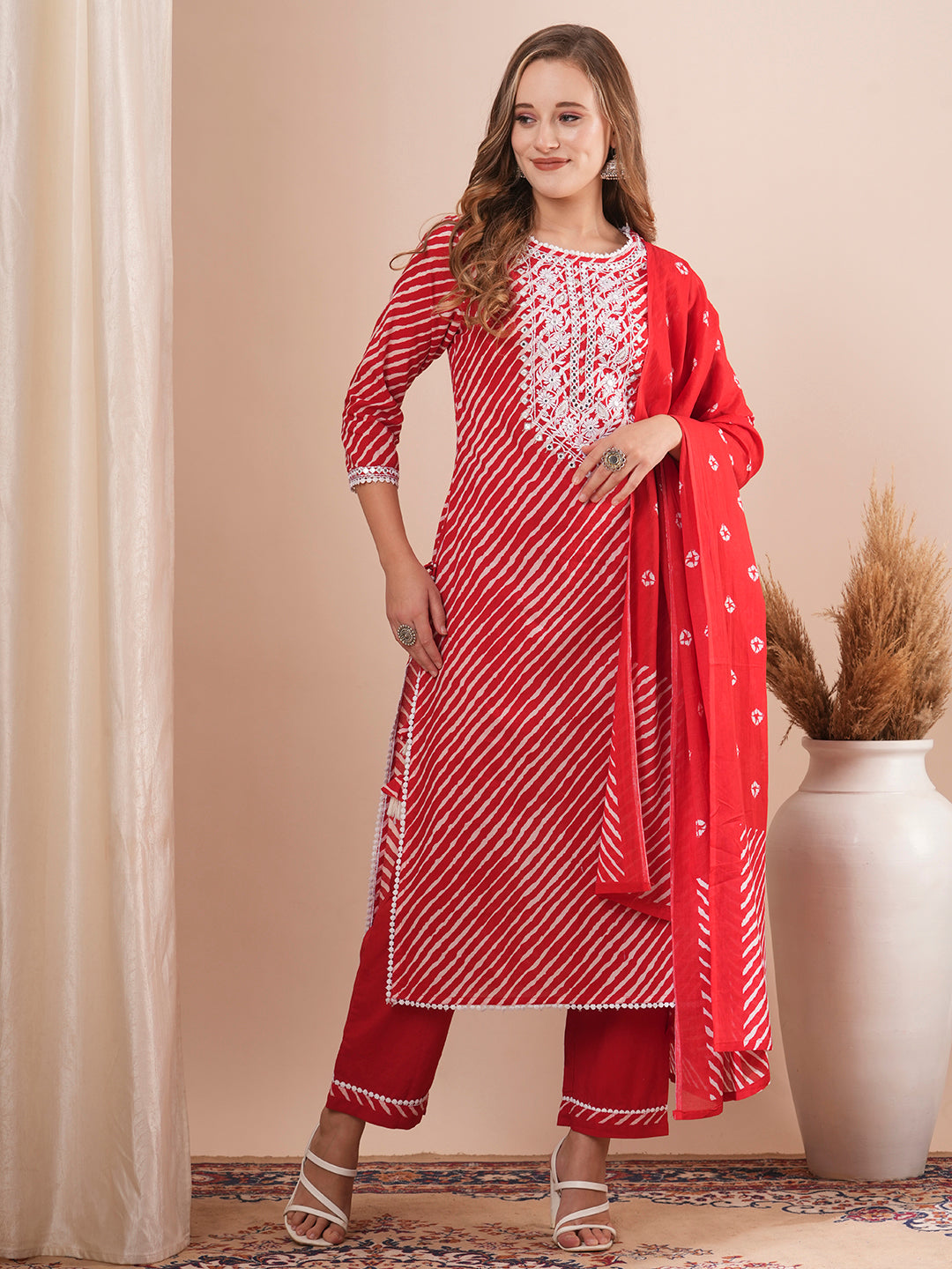 Leheriya Printed & Floral Embroidered Straight Fit Kurta with Pant & Dupatta - Red