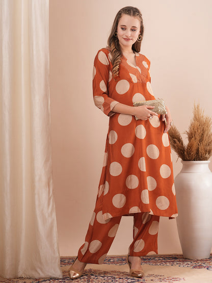 Foil Polka Dot Printed & Embroidered A-Line Co-ord Set - Rust