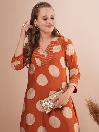 Foil Polka Dot Printed & Embroidered A-Line Co-ord Set - Rust