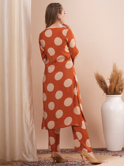 Foil Polka Dot Printed & Embroidered A-Line Co-ord Set - Rust