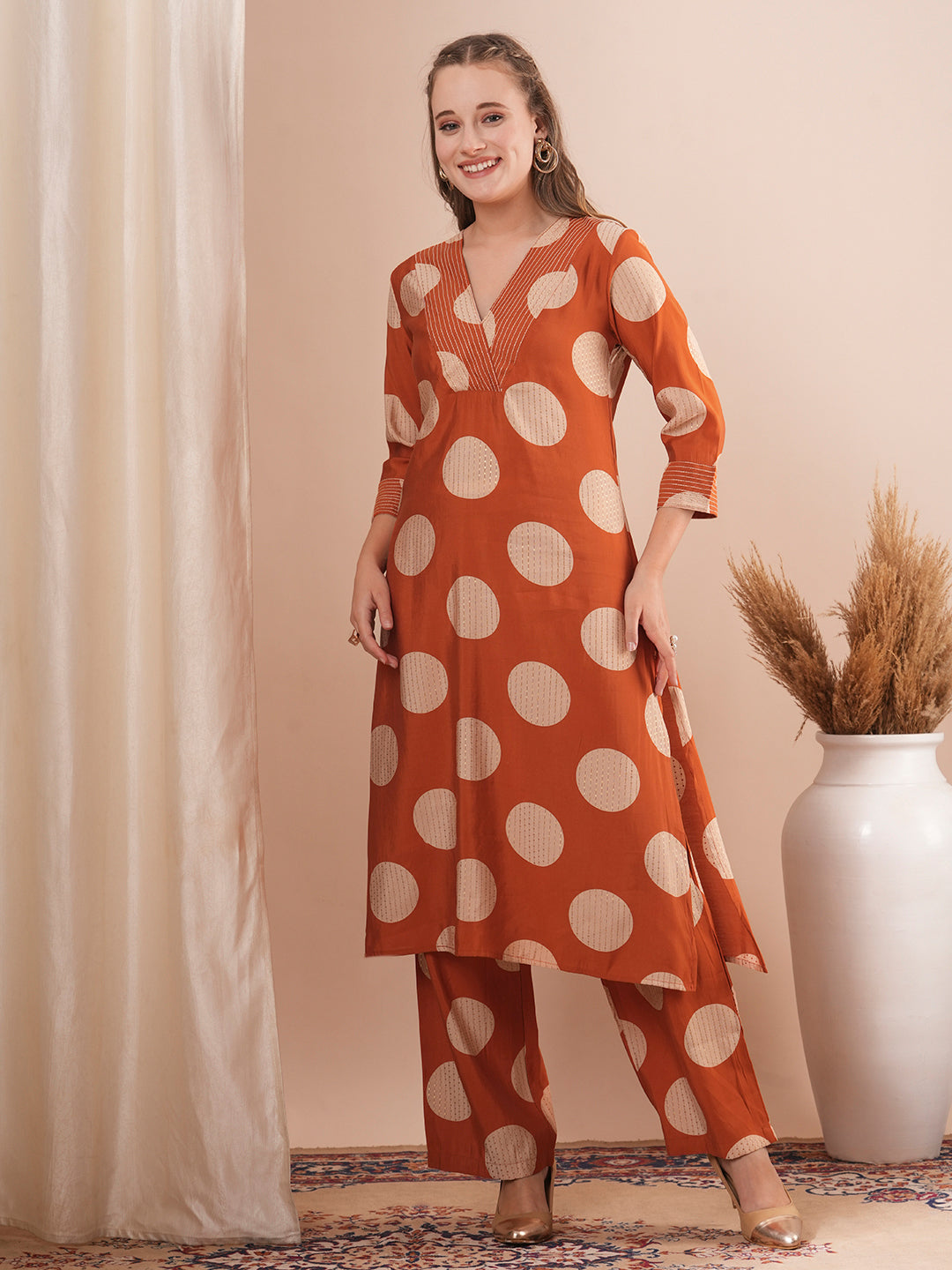 Foil Polka Dot Printed & Embroidered A-Line Co-ord Set - Rust