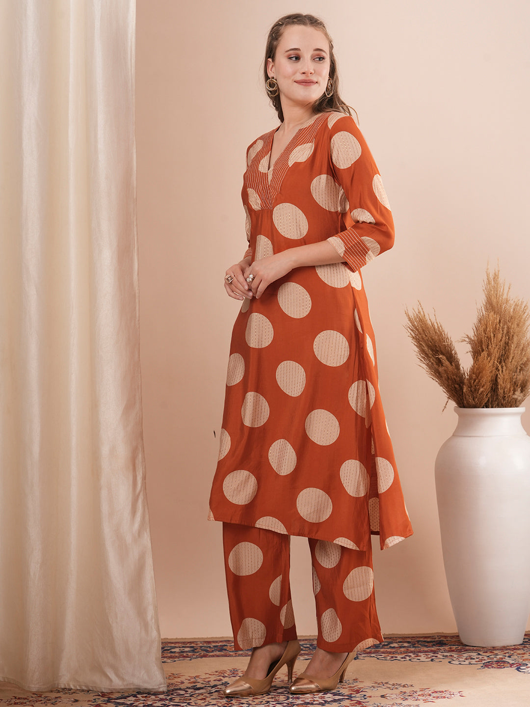 Foil Polka Dot Printed & Embroidered A-Line Co-ord Set - Rust