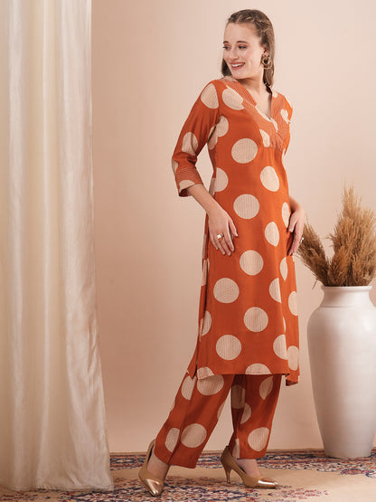 Foil Polka Dot Printed & Embroidered A-Line Co-ord Set - Rust