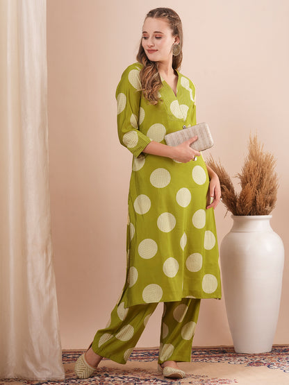 Foil Polka Dot Printed & Embroidered A-Line Co-ord Set - Green