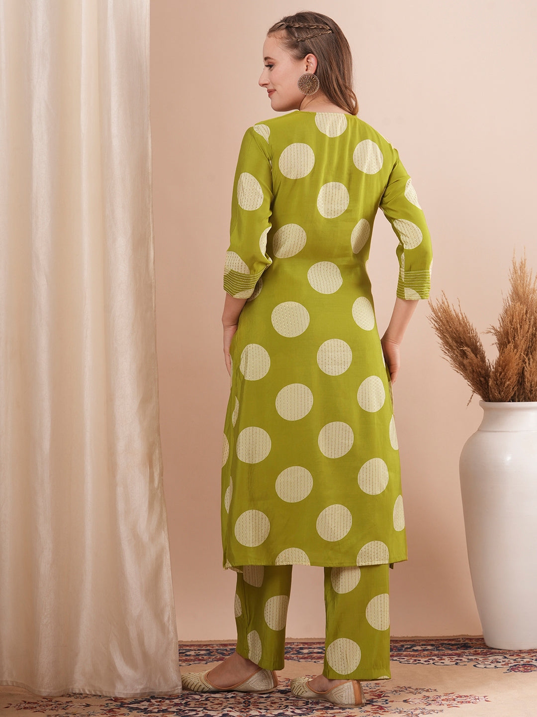 Foil Polka Dot Printed & Embroidered A-Line Co-ord Set - Green