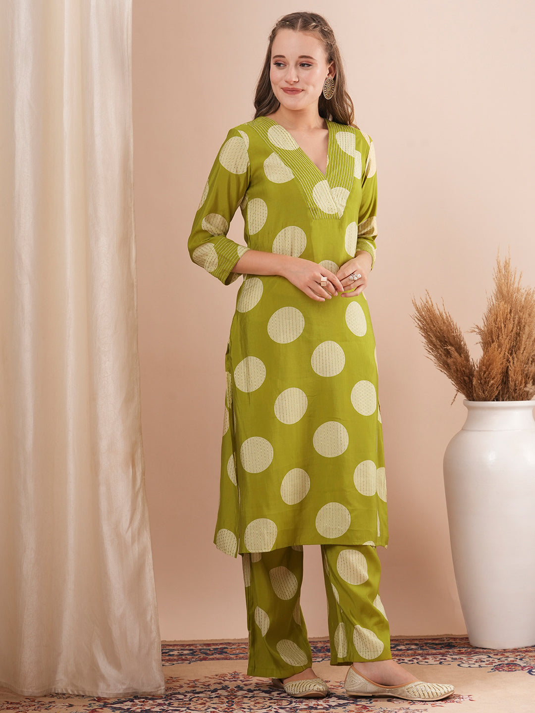 Foil Polka Dot Printed & Embroidered A-Line Co-ord Set - Green