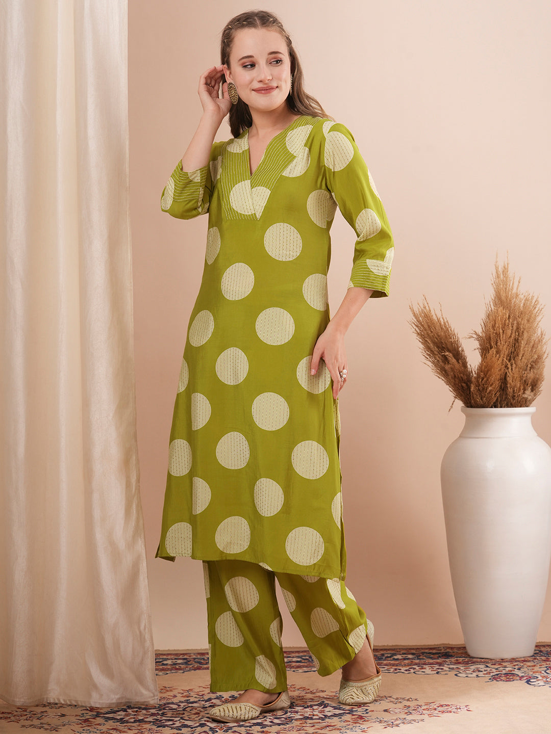 Foil Polka Dot Printed & Embroidered A-Line Co-ord Set - Green