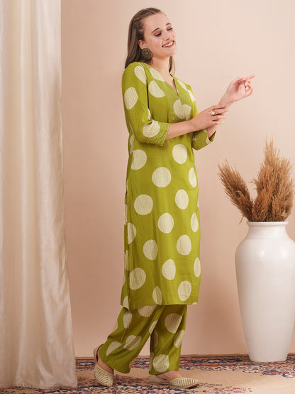 Foil Polka Dot Printed & Embroidered A-Line Co-ord Set - Green