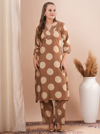 Foil Polka Dot Printed & Embroidered A-Line Co-ord Set - Brown