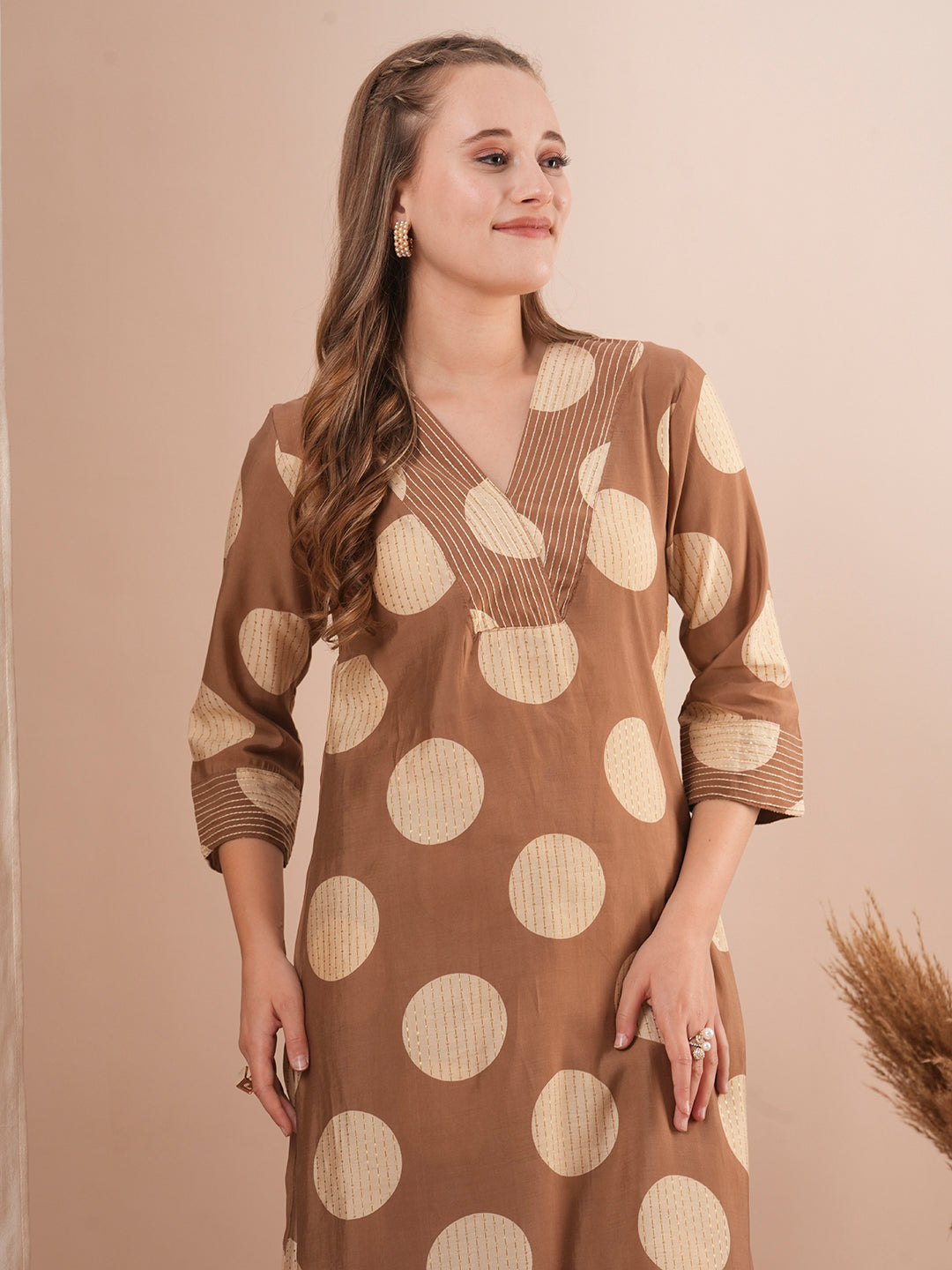 Foil Polka Dot Printed & Embroidered A-Line Co-ord Set - Brown