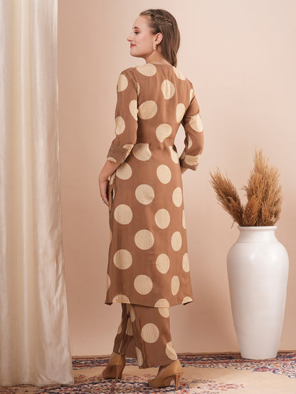 Foil Polka Dot Printed & Embroidered A-Line Co-ord Set - Brown