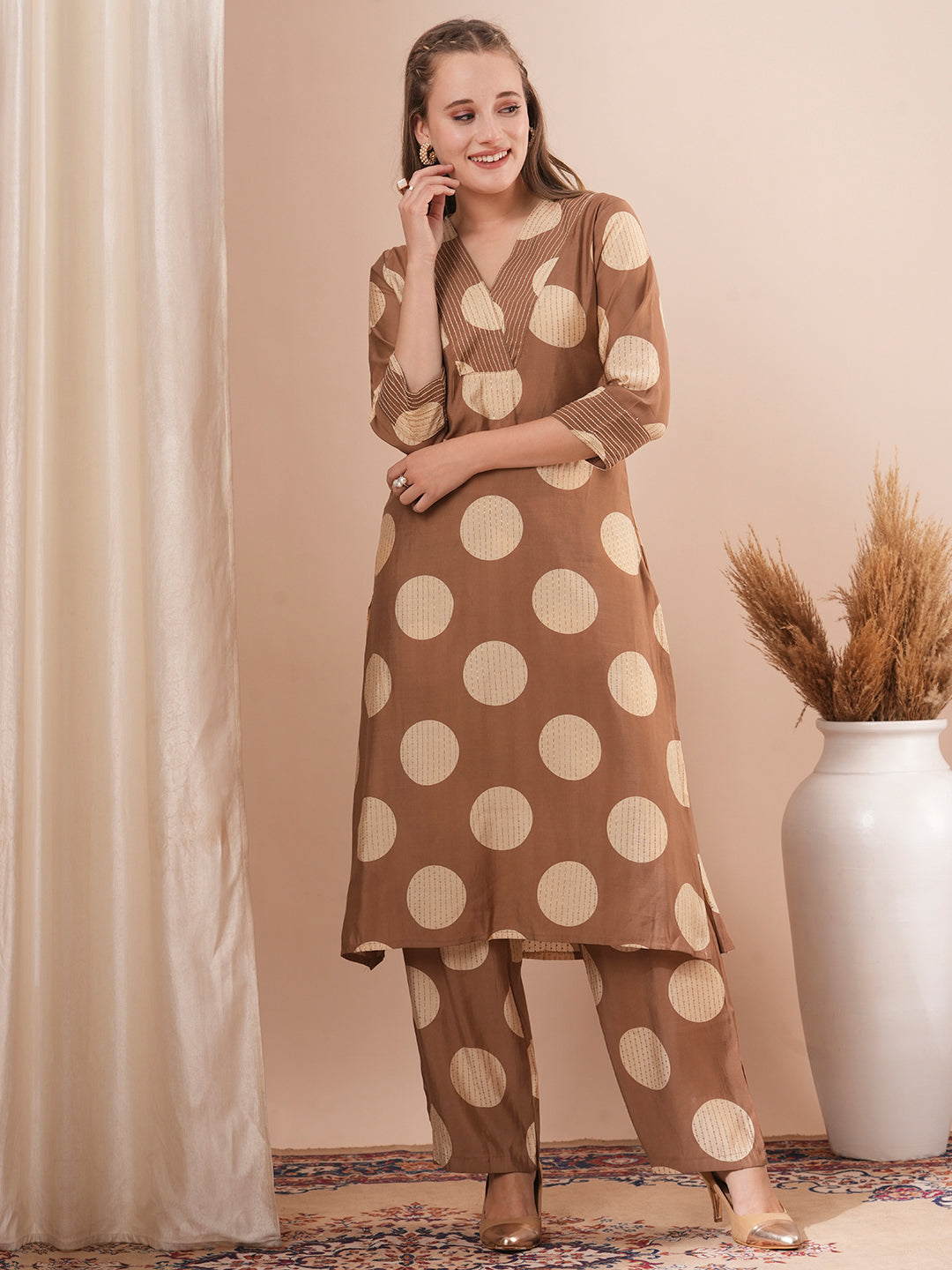 Foil Polka Dot Printed & Embroidered A-Line Co-ord Set - Brown