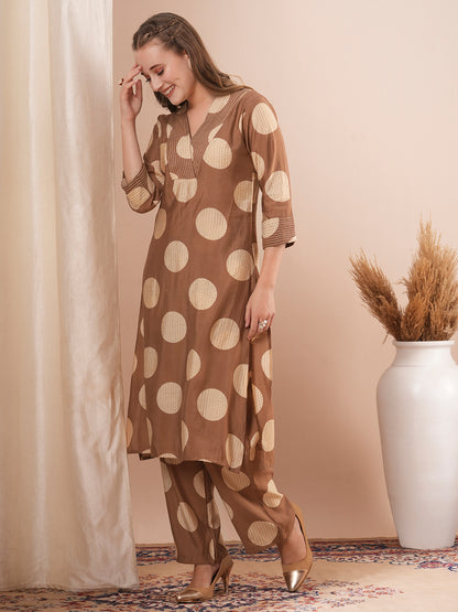 Foil Polka Dot Printed & Embroidered A-Line Co-ord Set - Brown