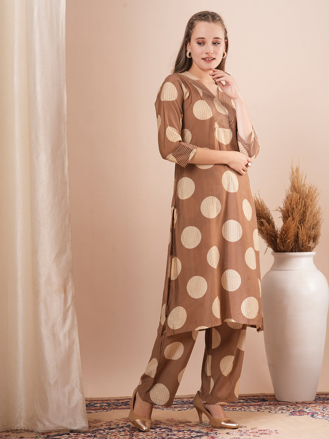 Foil Polka Dot Printed & Embroidered A-Line Co-ord Set - Brown