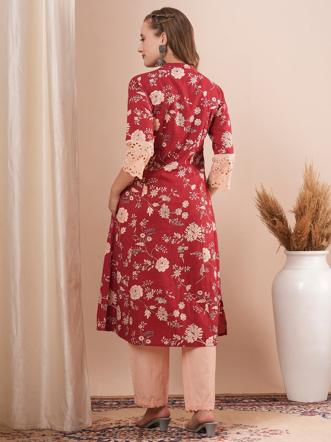 Ethnic Floral Printed A-Line Paneled Kurta with Pant - Red