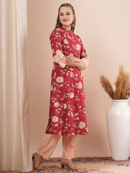 Ethnic Floral Printed A-Line Paneled Kurta with Pant - Red