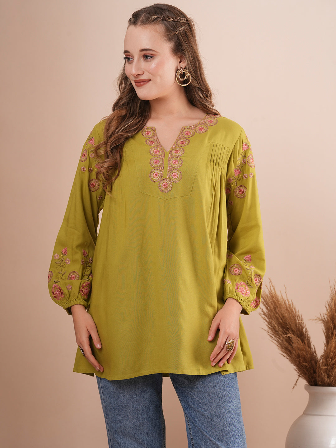 Floral Resham Embroidered A-Line Pleated Short Kurti - Green