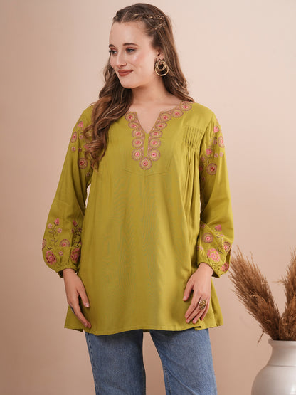 Floral Resham Embroidered A-Line Pleated Short Kurti - Green