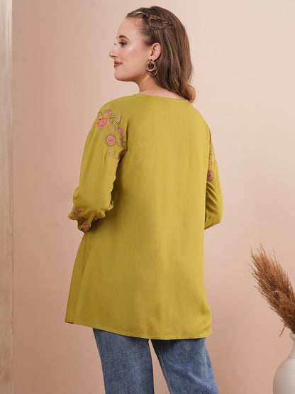 Floral Resham Embroidered A-Line Pleated Short Kurti - Green