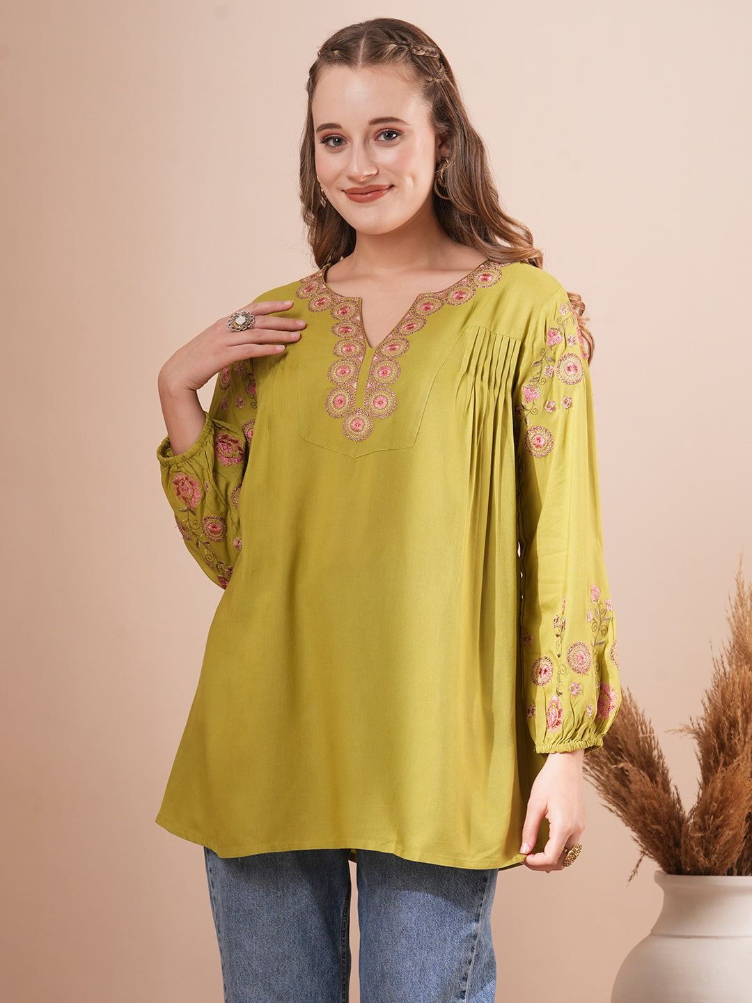 Floral Resham Embroidered A-Line Pleated Short Kurti - Green