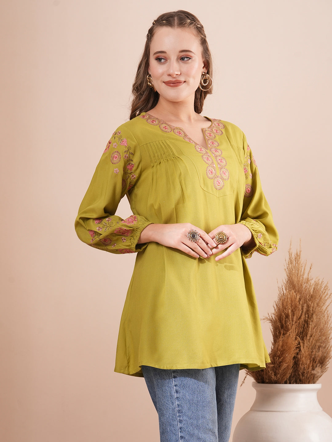 Floral Resham Embroidered A-Line Pleated Short Kurti - Green