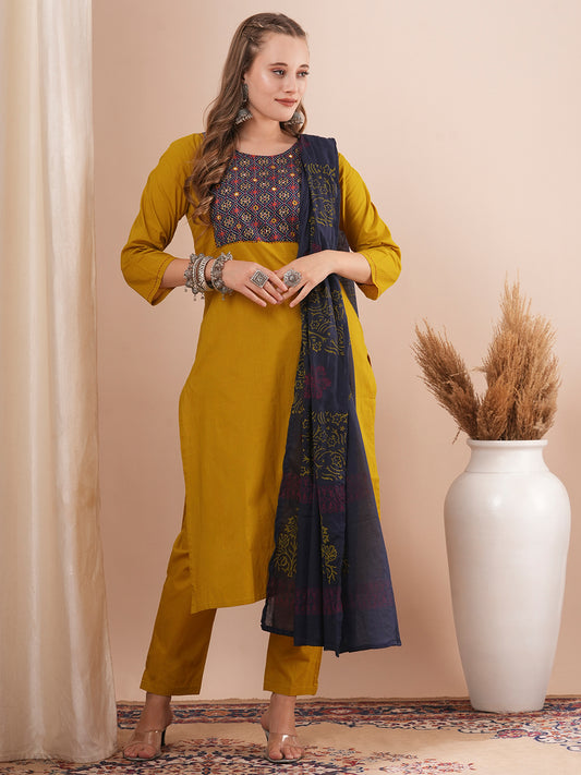 Solid Ethnic Embroidered Straight Fit Kurta with Pant and Printed Dupatta - Mustard