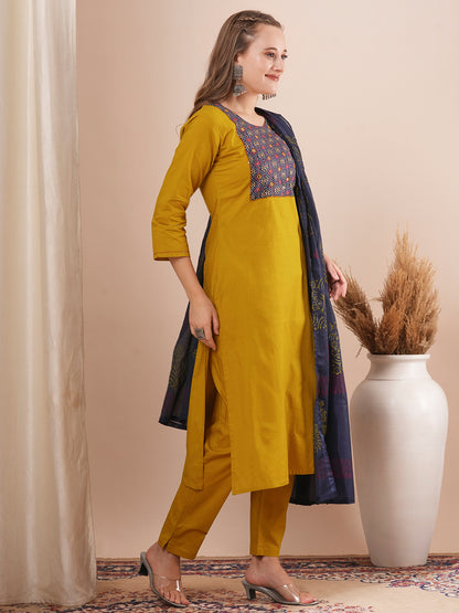 Solid Ethnic Embroidered Straight Fit Kurta with Pant and Printed Dupatta - Mustard