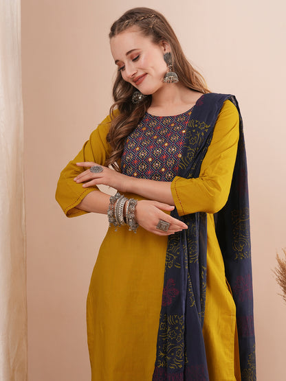 Solid Ethnic Embroidered Straight Fit Kurta with Pant and Printed Dupatta - Mustard