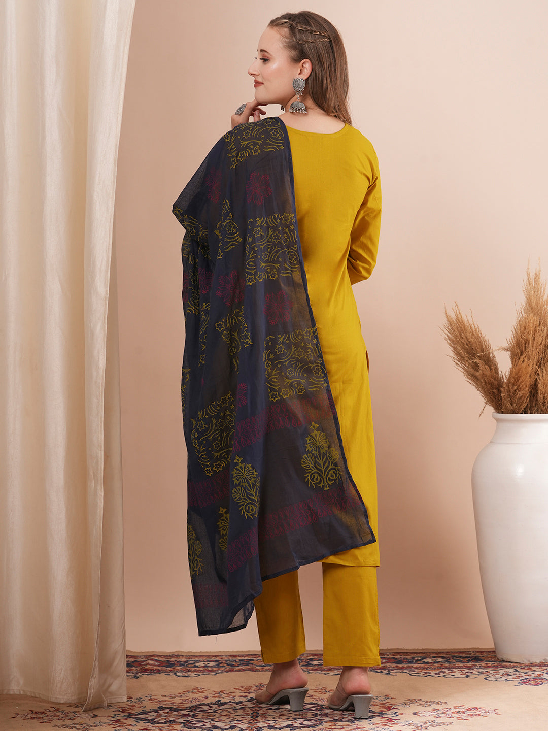 Solid Ethnic Embroidered Straight Fit Kurta with Pant and Printed Dupatta - Mustard