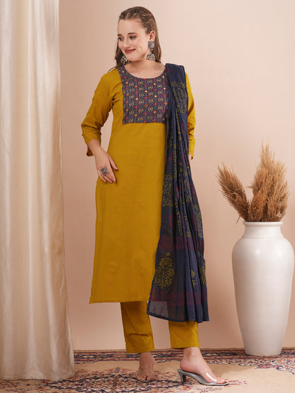 Solid Ethnic Embroidered Straight Fit Kurta with Pant and Printed Dupatta - Mustard