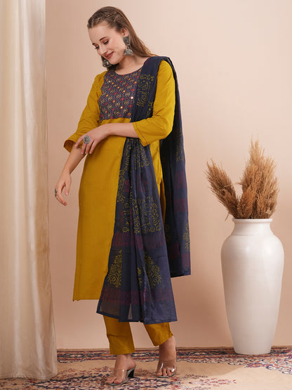 Solid Ethnic Embroidered Straight Fit Kurta with Pant and Printed Dupatta - Mustard