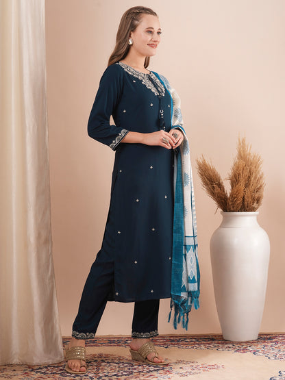 Solid Ethnic Embroidered Straight Fit Kurta with Pant & Printed Dupatta - Navy Blue