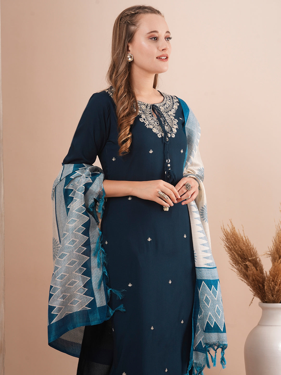 Solid Ethnic Embroidered Straight Fit Kurta with Pant & Printed Dupatta - Navy Blue