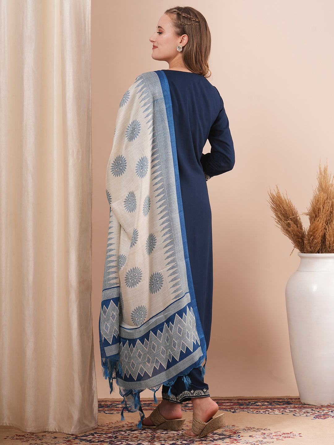 Solid Ethnic Embroidered Straight Fit Kurta with Pant & Printed Dupatta - Navy Blue