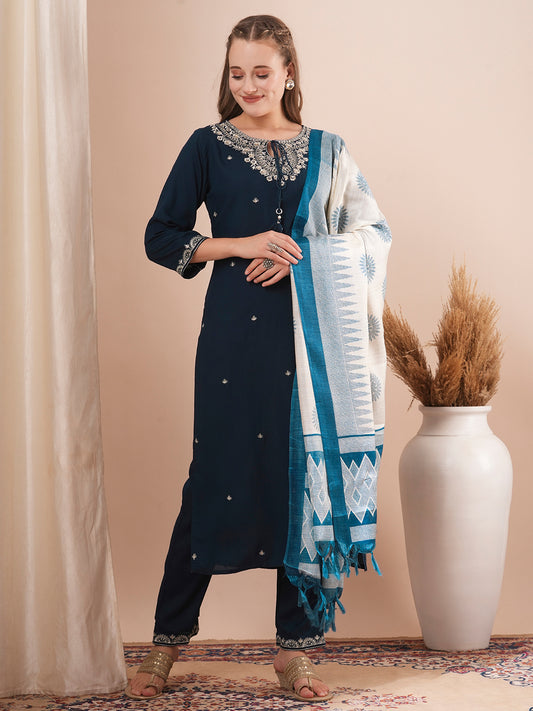 Solid Ethnic Embroidered Straight Fit Kurta with Pant & Printed Dupatta - Navy Blue