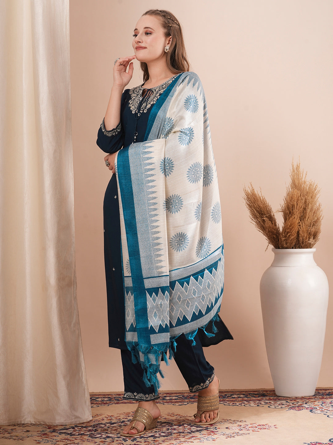 Solid Ethnic Embroidered Straight Fit Kurta with Pant & Printed Dupatta - Navy Blue