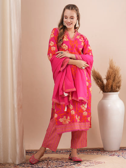 Floral Printed Straight Fit Kurta with Palazzo & Dupatta - Pink