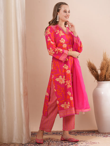 Floral Printed Straight Fit Kurta with Palazzo & Dupatta - Pink