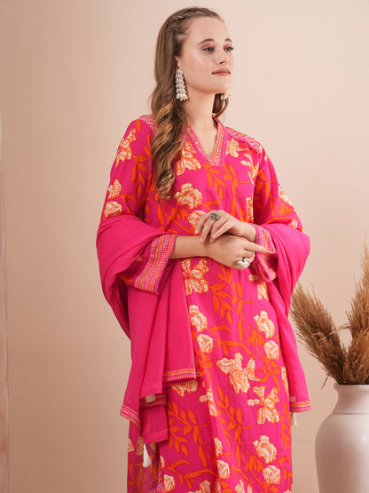 Floral Printed Straight Fit Kurta with Palazzo & Dupatta - Pink