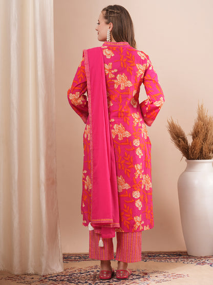 Floral Printed Straight Fit Kurta with Palazzo & Dupatta - Pink