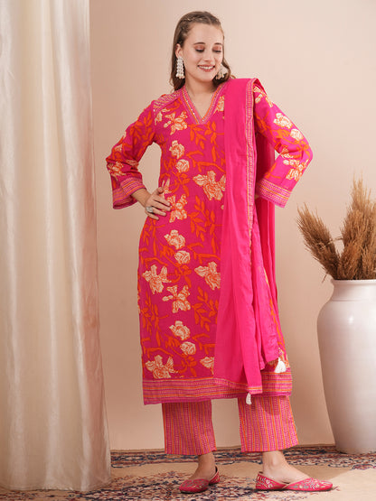 Floral Printed Straight Fit Kurta with Palazzo & Dupatta - Pink