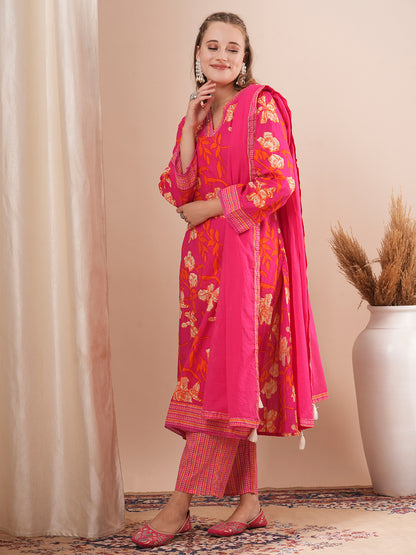 Floral Printed Straight Fit Kurta with Palazzo & Dupatta - Pink